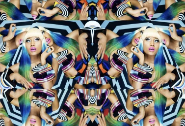 Kaleidoscopic portrait collage of Nicki Minaj with rainbow dyed hair and stacked geometric bracelets by Matthew Rolston