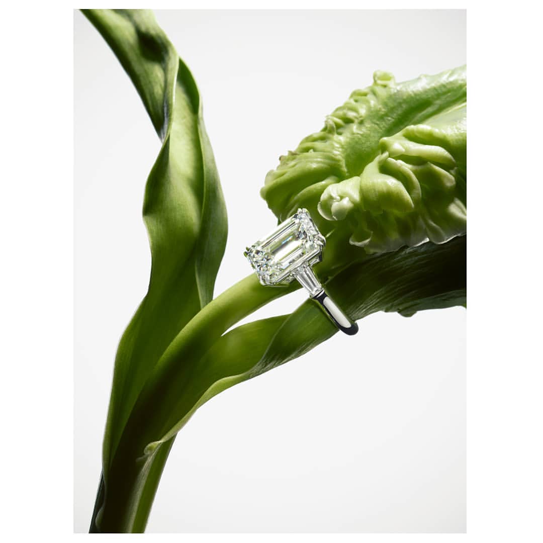 Close-up of a diamond ring on a green flower stem. The ring features an emerald-cut diamond with smaller baguette diamonds.
