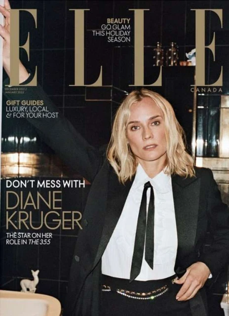 Elle Canada magazine cover featuring Diane Kruger in black suit and white blouse, against a dark-tiled background, fashion editorial.