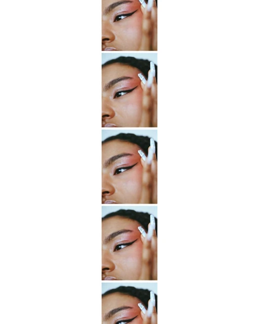 Eye makeup close-up: An adult female face fragment in a vertical sequence showcases pink eyeshadow, winged black eyeliner, and long white nails.
