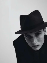 Close-up portrait of a man wearing a dark fedora and jacket against a plain background photographed by Matthew Sprout.