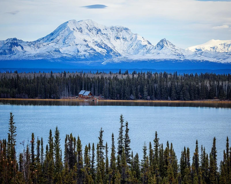 Scenic landscape featuring a tranquil lake surrounded by a dense forest and snow-capped mountains in the background under a bright sky.