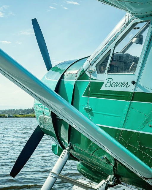 Close-up of a green and white seaplane with a visible propeller, docked on a body of water with trees visible in the distance.