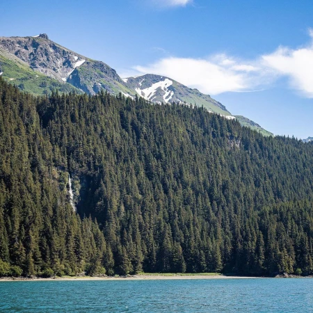 Scenic landscape featuring a mountain covered in a dense forest, a serene body of water, and a partly cloudy sky above.
