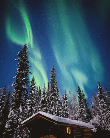 Scenic view of the aurora borealis over a snowy forest and cabin at night, with vibrant green and blue lights illuminating the dark sky.