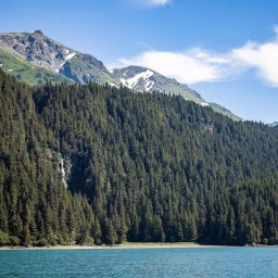Dense evergreen forest covering a hillside beneath rugged mountains with patches of snow under a clear blue sky
