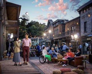 People socialising on a film set styled like a western town street at dusk under string lights, captured by Matthew Turley.