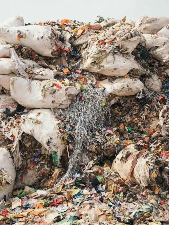 Large pile of bagged and loose mixed plastic waste, multi-colored, and overflowing, filling frame with overcast daylight, outdoor environment.