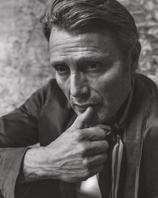 Portrait of an adult male with a neutral expression in a close-up shot against a textured background in black and white.