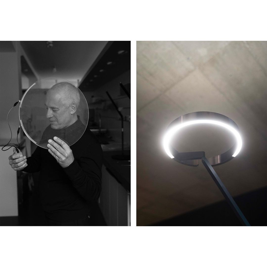 Monochrome image of an adult male holding a circular object to his face, alongside a contrasting image of a modern, circular light fixture.