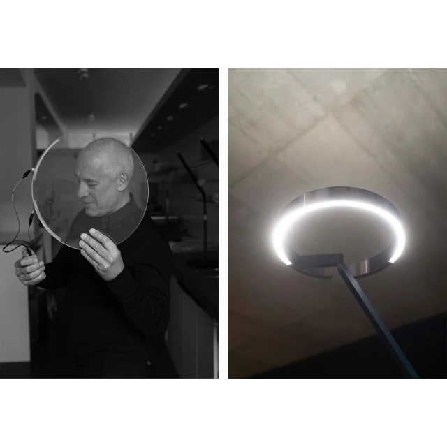 Monochrome image of an adult male holding a circular object to his face, alongside a contrasting image of a modern, circular light fixture.
