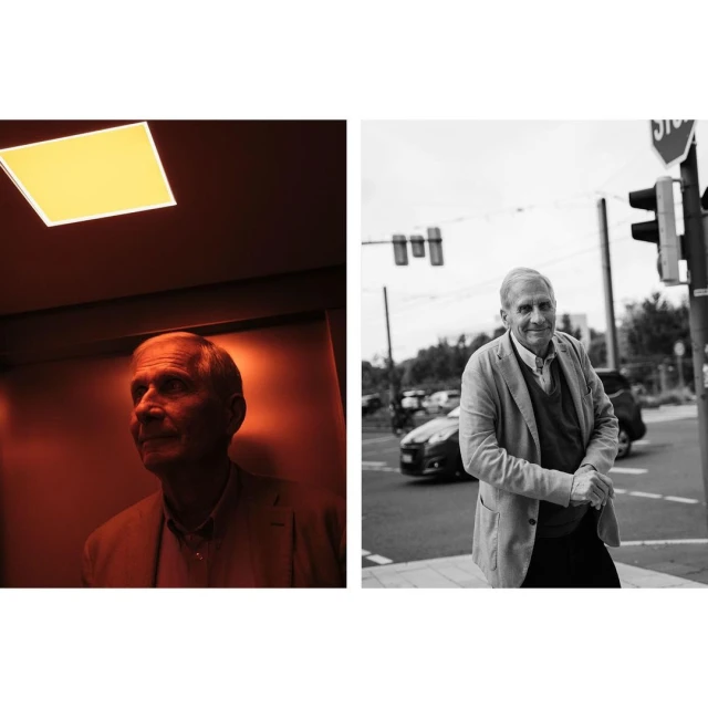 Split portrait of an older man, one side in warm tones indoors with a ceiling light, the other a black and white shot outdoors by a traffic light.