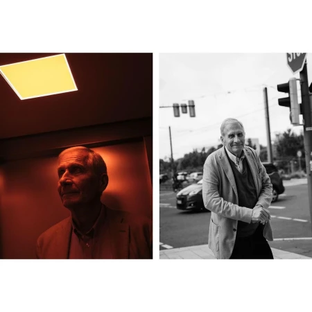 Split portrait of an older man, one side in warm tones indoors with a ceiling light, the other a black and white shot outdoors by a traffic light.