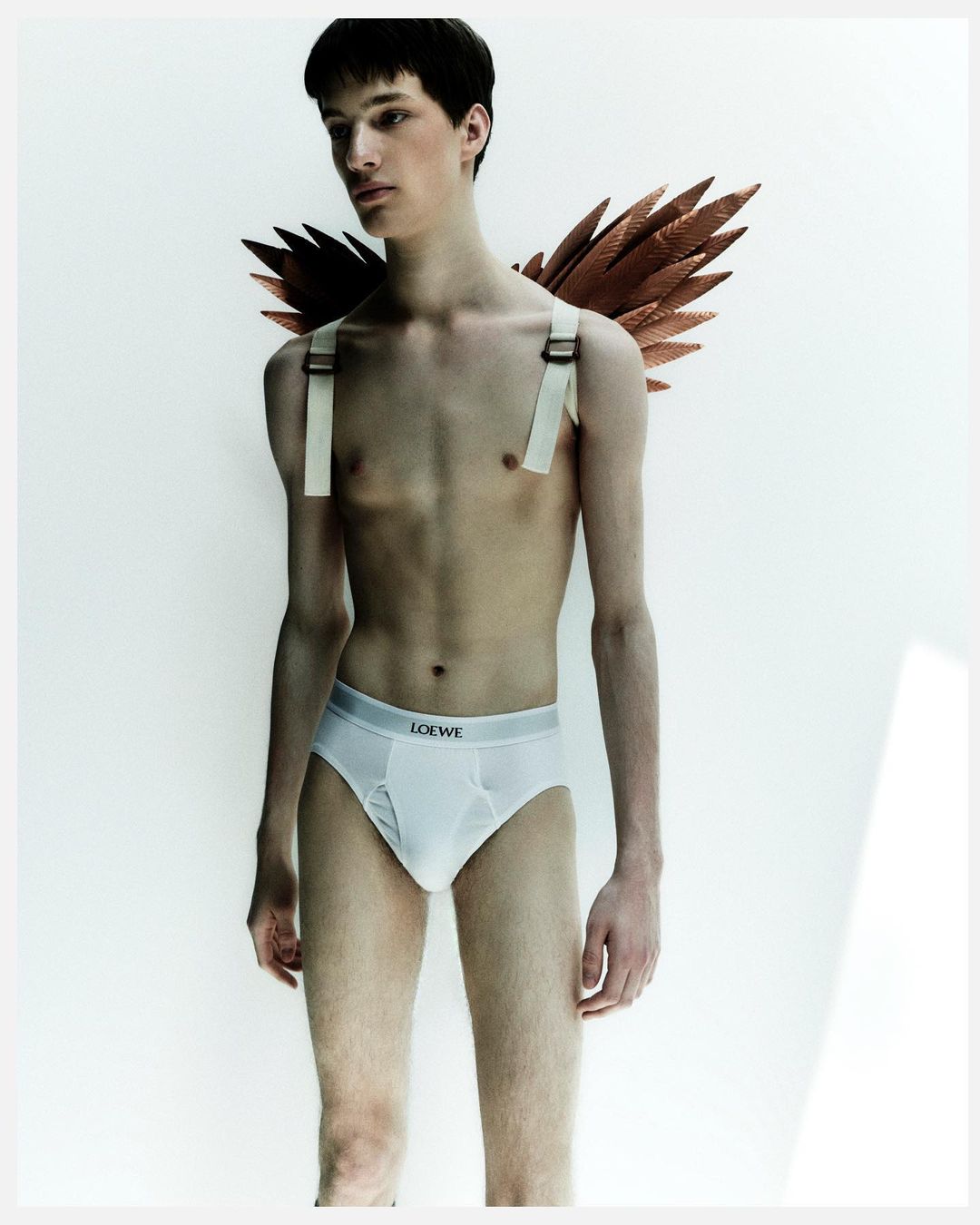 Young adult male poses in underwear with decorative wings in a studio setting with soft, diffused light. Fashion and portrait photography.