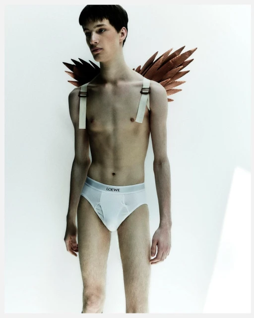 Young adult male poses in underwear with decorative wings in a studio setting with soft, diffused light. Fashion and portrait photography.