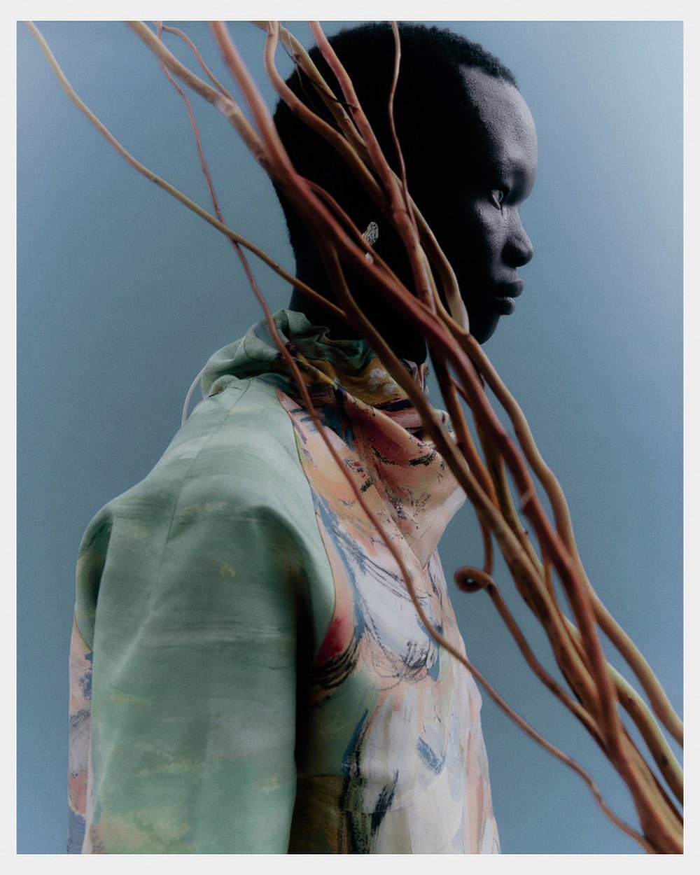 Profile view of a Black adult male wearing a colorful patterned shirt, styled with bare branches against a blue-grey background.
