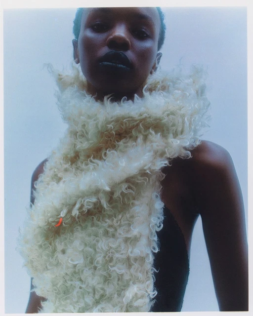 Portrait of a Black woman with dark makeup and a fuzzy cream-colored fur collar, taken from a low angle against a pale sky-blue background.