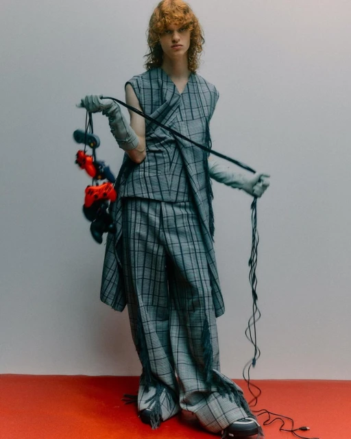Fashion model poses in a plaid vest and trousers, holding video game controllers against a white wall with a red floor.
