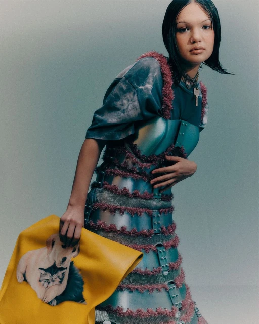 A stylish woman poses indoors wearing an avant-garde metal-and-fabric dress, holding a yellow bag with a cat and dog graphic.