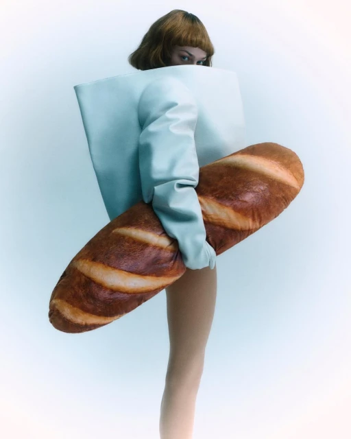 Woman in unconventional fashion holding baguette. Studio shot with soft, diffused lighting emphasizing textures and colors. Conceptual fashion shoot.