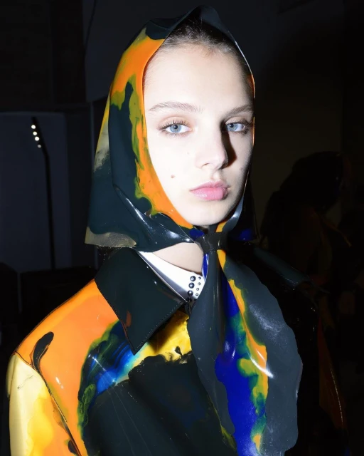 Close-up shot of a female fashion model wearing a patterned headscarf and high-shine vinyl jacket in a dimly lit indoor setting.