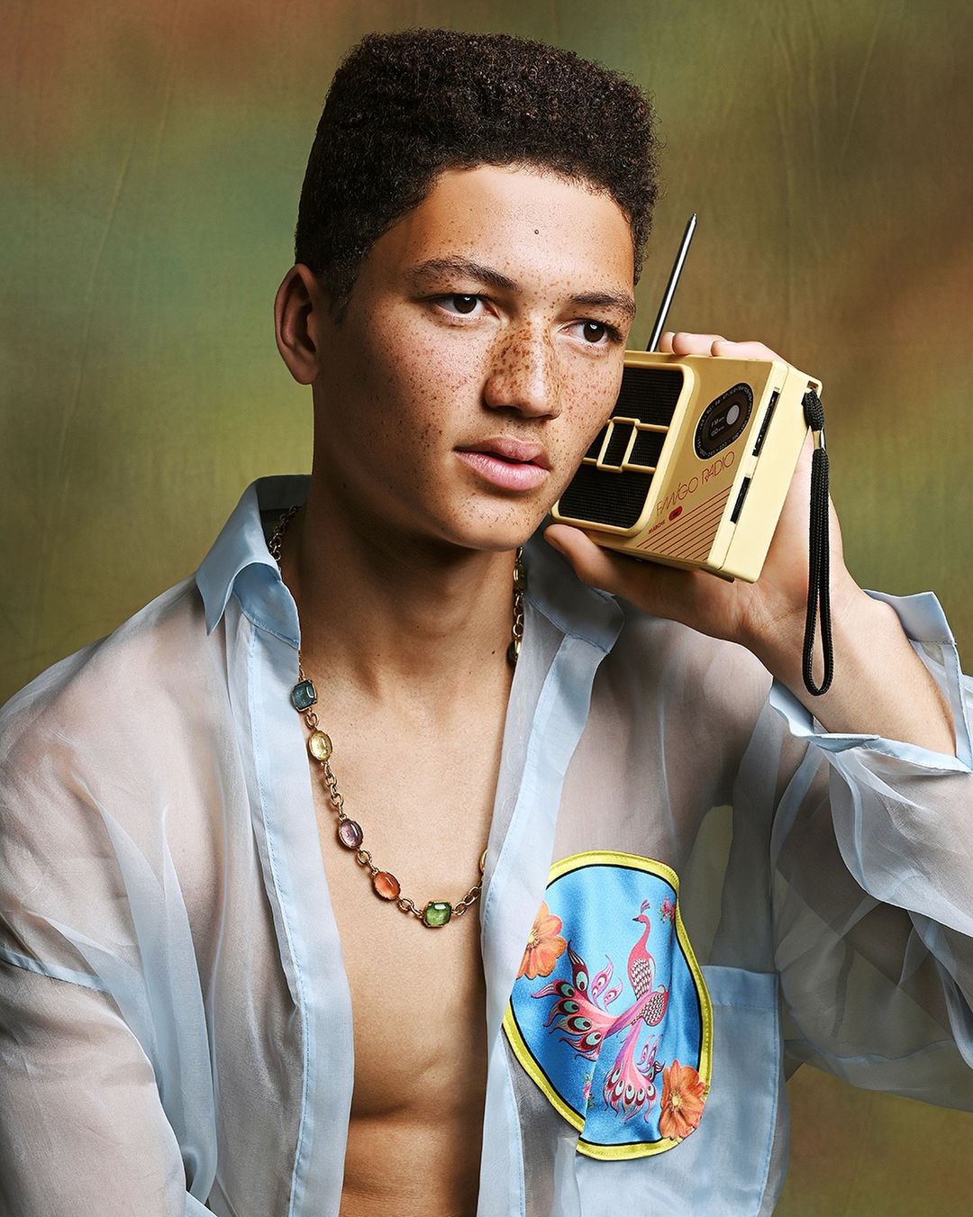 Handsome young man poses holding retro radio in front of painterly backdrop, wearing sheer shirt, gemstone necklace, closeup portrait.