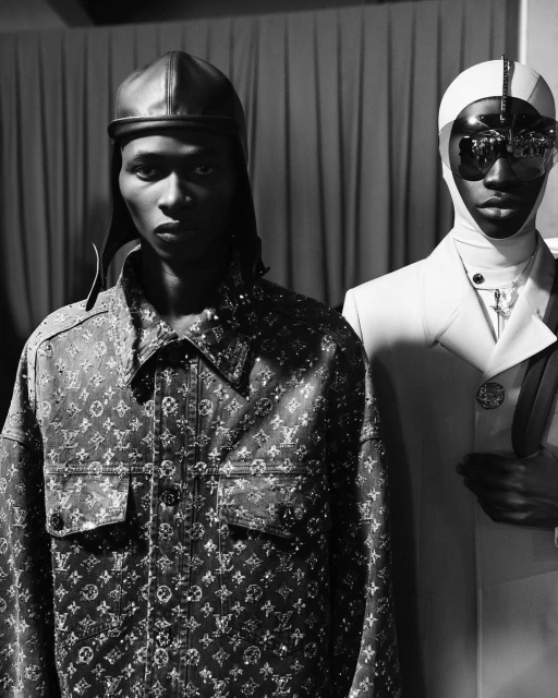 Two models pose in a black-and-white fashion shot. One model wears a monogrammed jacket and leather cap, and the other wears sunglasses.