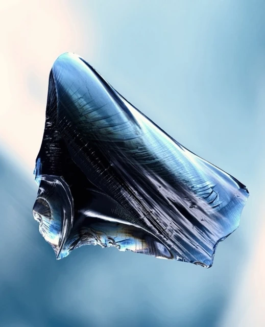 Abstract image of a dark blue translucent shard reflecting light against a blue background with subtle color gradients and light reflections.