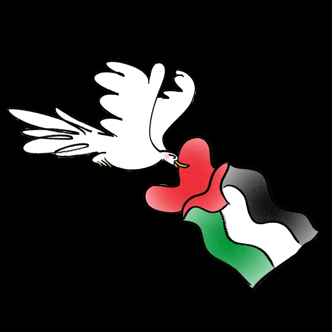 Illustration of a white dove flying above a graphic rendering of the Palestinian flag against a solid black background.