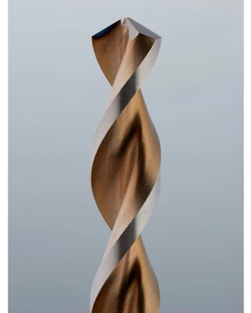 Close-up of a metal drill bit showing the twisted flutes and sharpened tip against a light grey background, suitable for engineering.