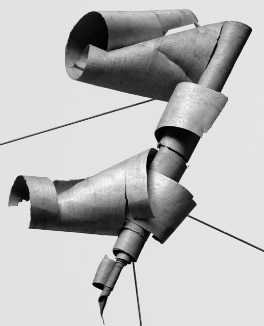 Abstract monochrome paper art sculpture featuring a spiraling, curling form suspended by wires against a neutral light backdrop.
