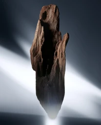 A close-up shot of a dark weathered piece of wood standing upright against a grey background with diagonal light beams.