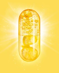 A transparent golden capsule filled with swirling liquid oil and fresh lemon slices against a bright yellow glowing background.