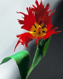 Close-up of a red and yellow parrot tulip with jagged petals against a split grey and white studio background.