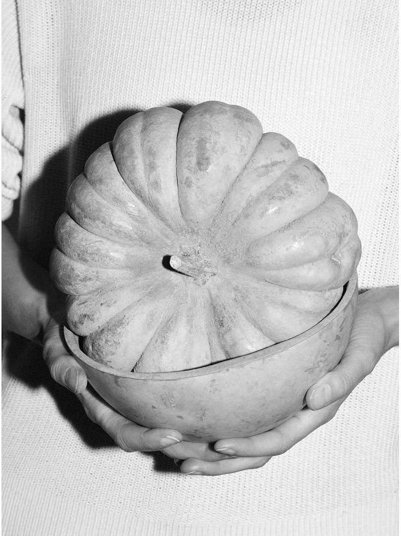 Person holds a round gourd in a bowl. The monochromatic image depicts the gourd, bowl, and person's sweater and hands.