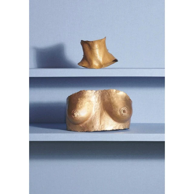 Golden sculpted forms of a bust and neck rest on a blue tiered shelf, presented in a conceptual art studio photograph.