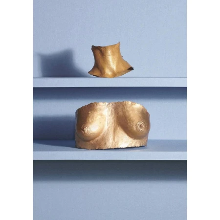 Golden sculpted forms of a bust and neck rest on a blue tiered shelf, presented in a conceptual art studio photograph.