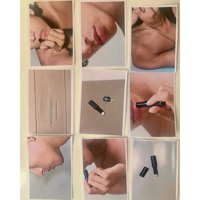 Collage of nine images featuring close-up shots of a person applying lipstick, showing different angles of face and makeup stick.