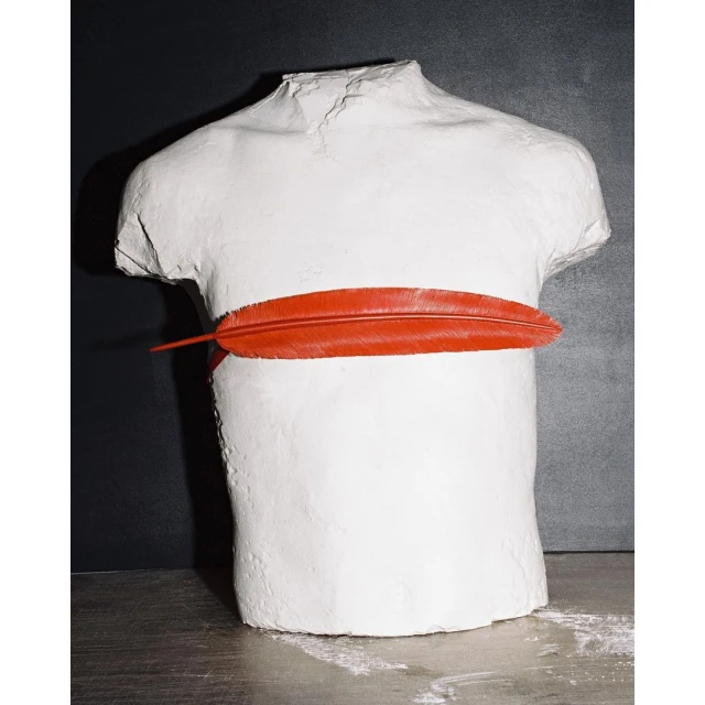 White plaster torso sculpture on a grey background with an orange feather lying across the chest. The sculpture is on a grey surface.