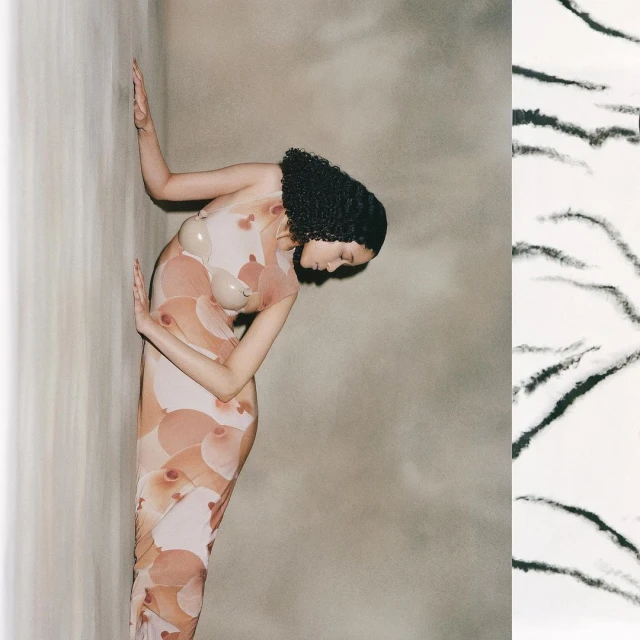Elegant woman with dark, curly hair poses in a nude illusion dress with breast-shaped appliques in a neutral-toned studio setting.