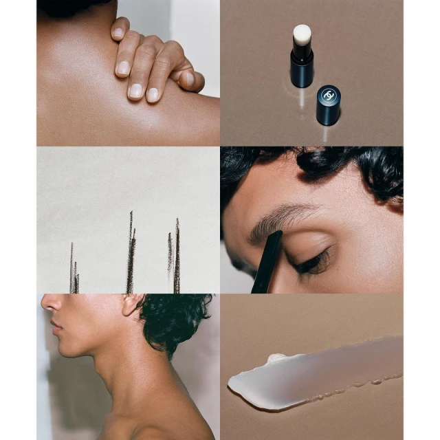 Beauty product promotion featuring close-ups of skin, cosmetic sticks, and smudges of cream, set against a neutral color palette.