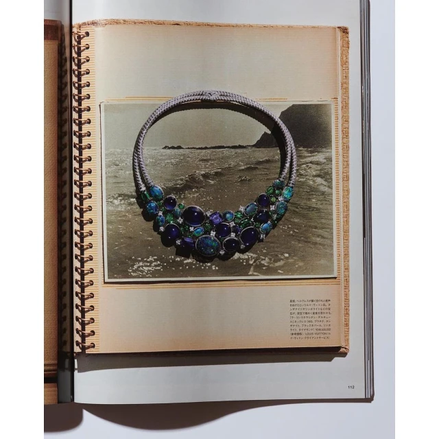 Close-up shot of a jewelry advertisement featuring a statement necklace with silver rope design and colorful gemstones, set against a seaside backdrop.