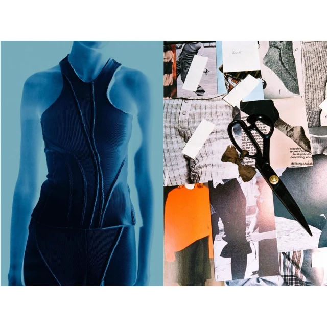 A blue-toned fashion ensemble on a mannequin stands alongside a mood board with fashion clippings and black scissors.