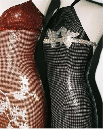 Two mannequin torsos display sleeveless mesh dresses, one copper with white floral detail, and the other black with crystal embellishments.