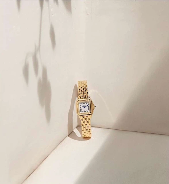 Elegant gold wristwatch on a light beige surface with a soft plant shadow creating a minimalist aesthetic for watch product photography.