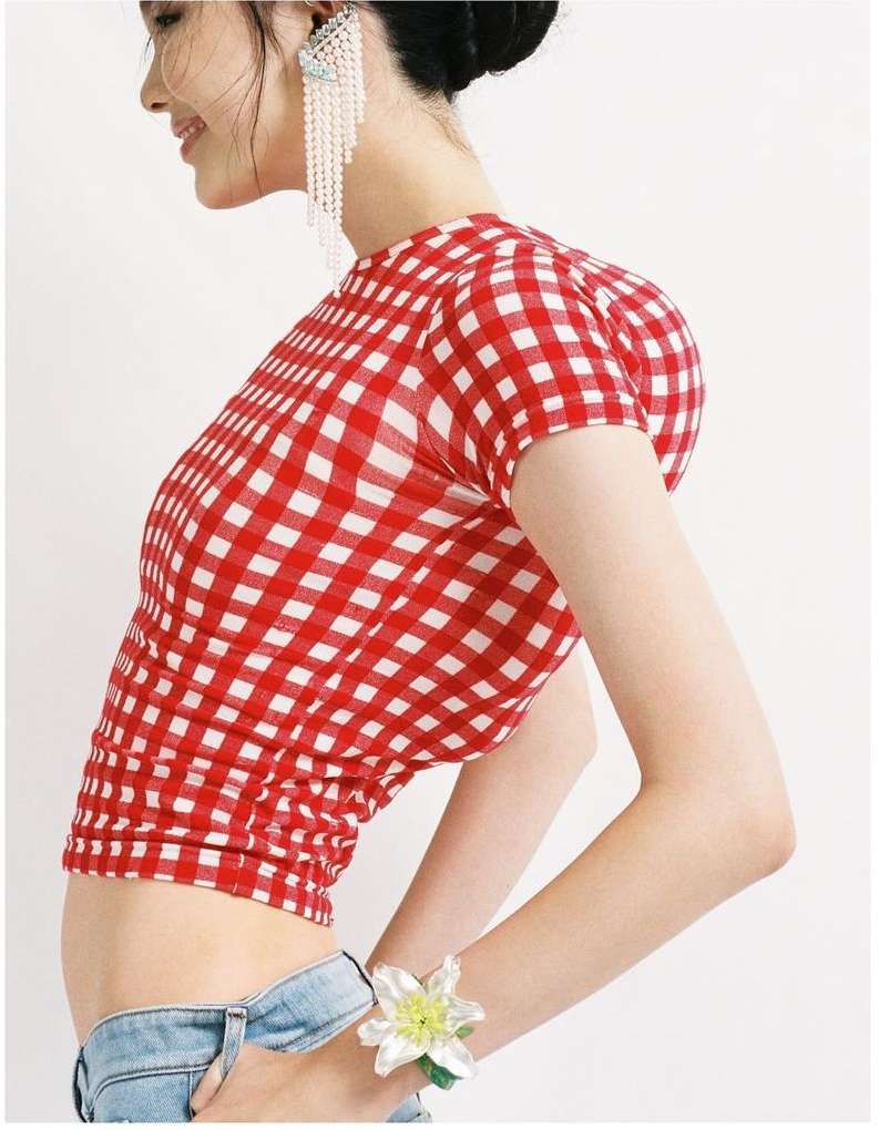 A woman in a red and white gingham crop top poses against a white background, showing off her casual style with light blue denim shorts.