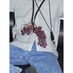 Man wearing a striped shirt and blue jeans with a bunch of red grapes hanging from a strap around his neck