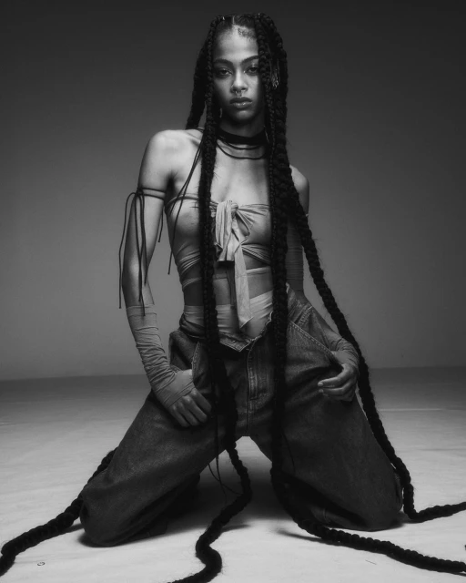 Striking black-and-white portrait of a woman kneeling with long braids, wearing a tied top and jeans in a neutral-toned studio setting.