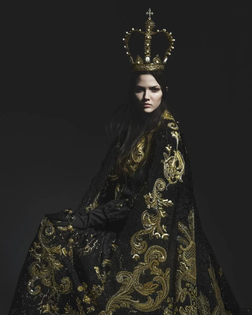 Fashion portrait of woman with a crown and an ornate gold-embroidered cloak against dark background in a studio setting.