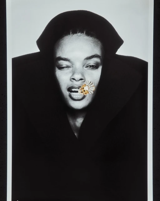 Black and white portrait of a woman winking with a diamond flower embellishment in her mouth against a bright backdrop.